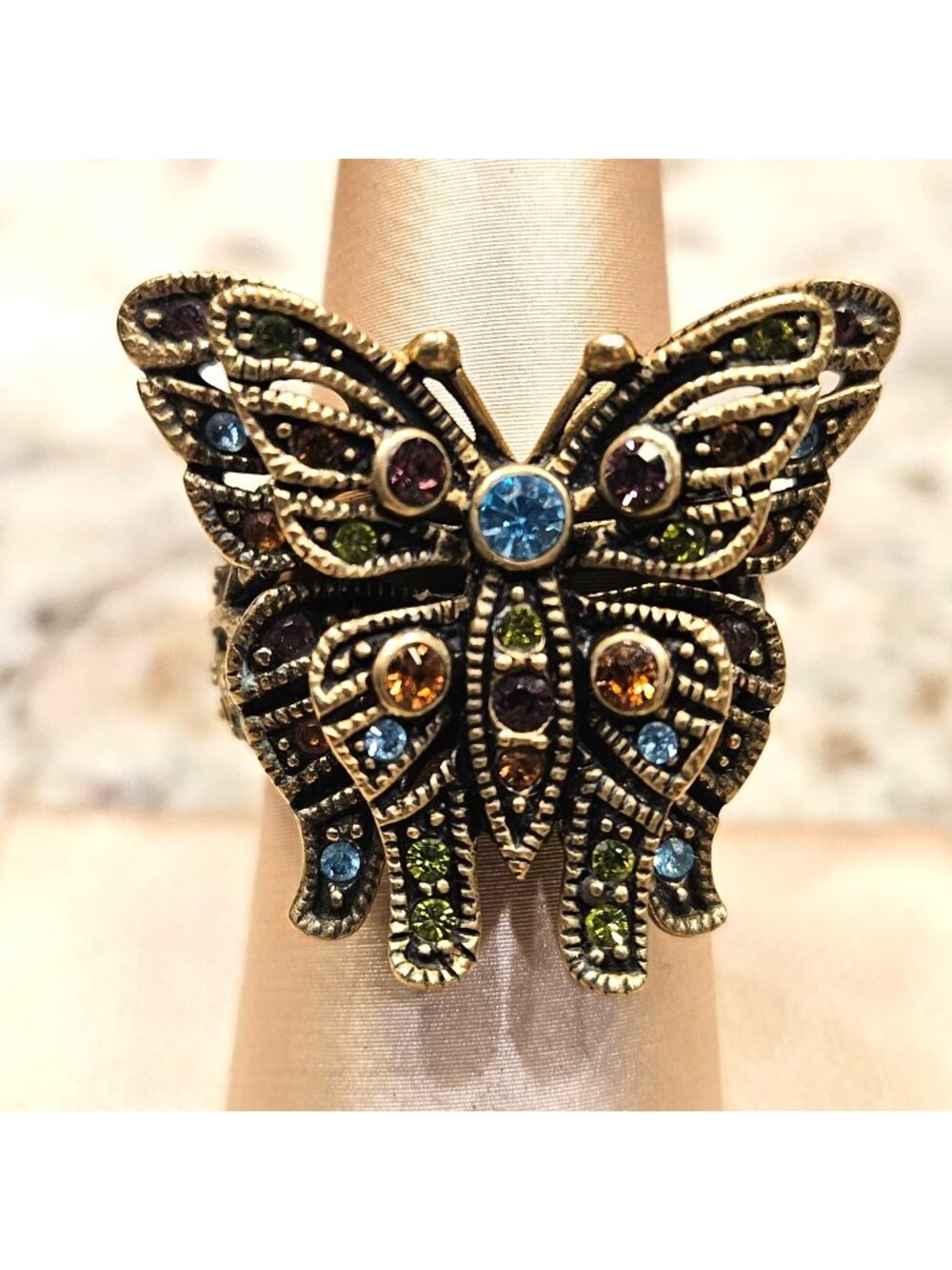 Vintage Butterfly Ring Multicolor Rhinestones Antique Gold-Tone Finish Size 7